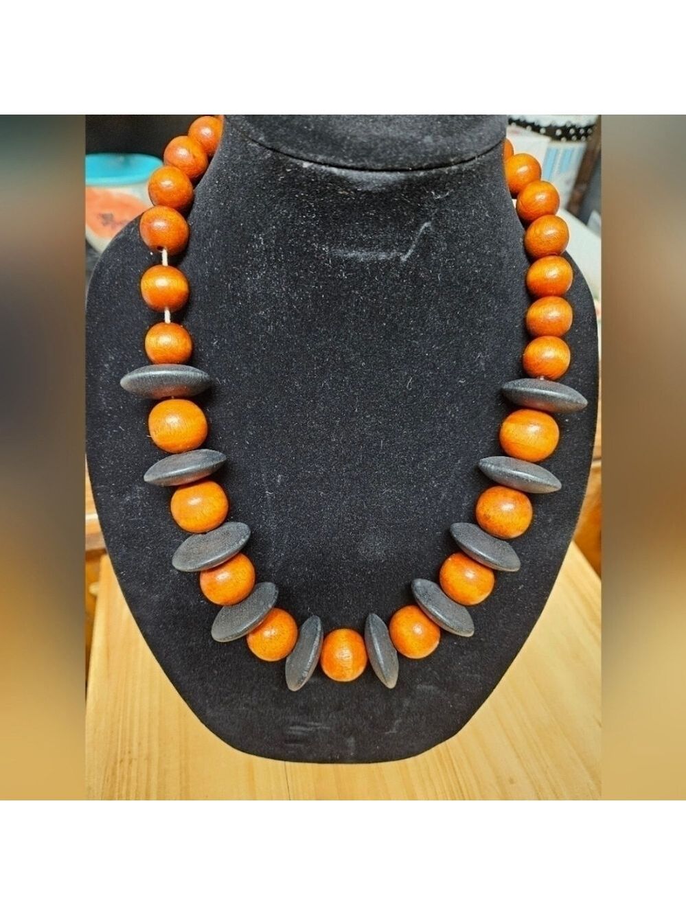 Vintage 80s Chunky Wood Orange Beads and Black Disc Necklace